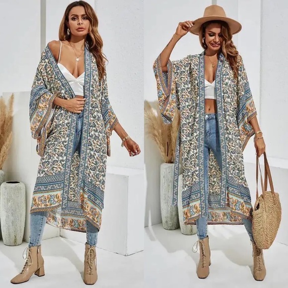 Stunning Floral Paisley Belted Kimono Beach Coverup Duster - Picture 3 of 16